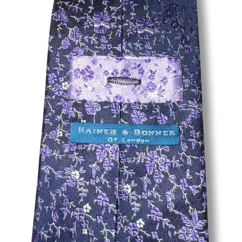 Haines & Bonner of London Purple Flower Handmade 100% Silk Tie